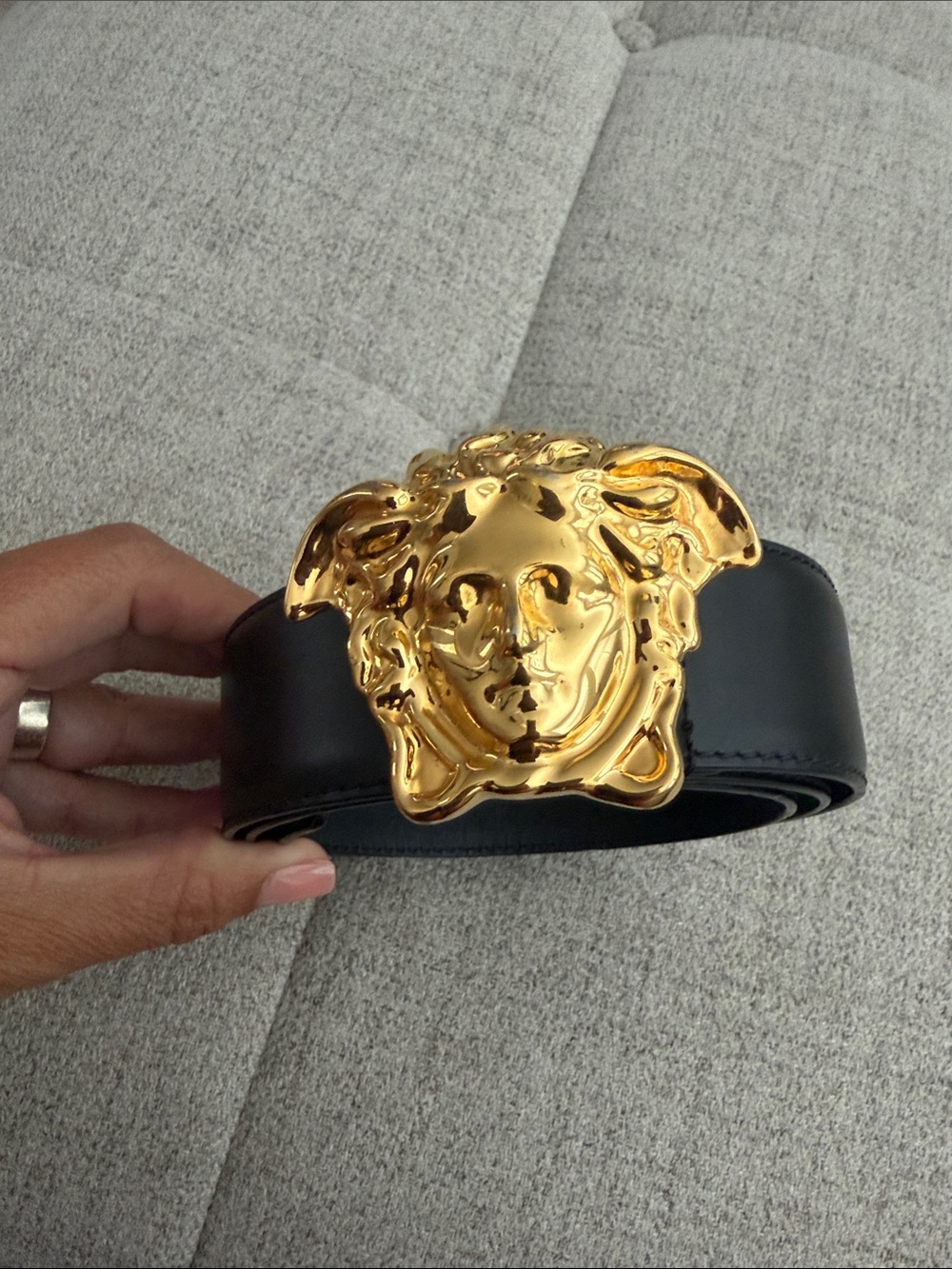 Versace Black Leather Belt with Bold Gold Medusa Buckle